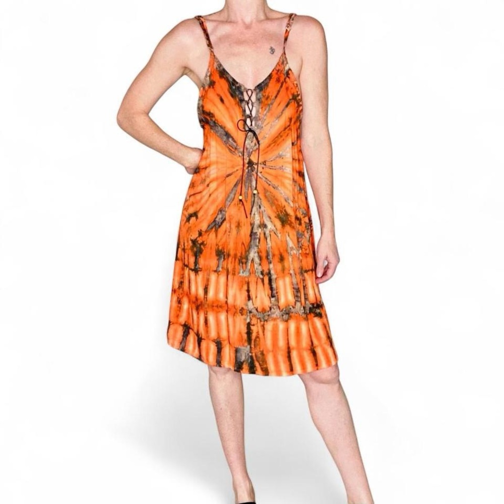 Young Fashion Orange Tie Dye Hippie Festival Beach Mini Dress